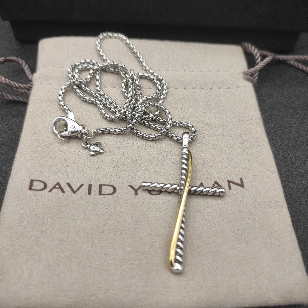 David Yurman 925 Sterling Silver 18K Gold Cable Cross Pendant Box Chain Necklace
