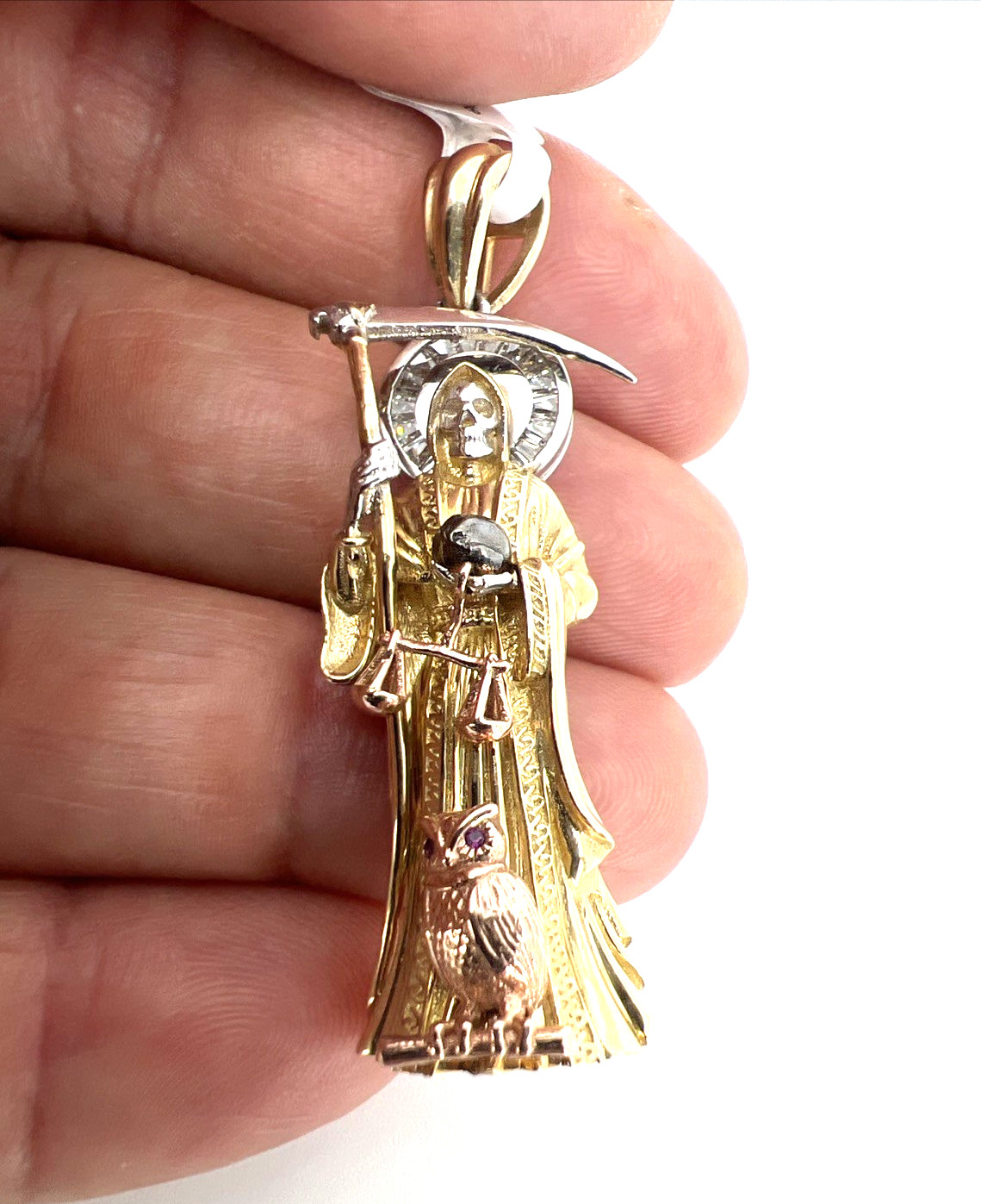 10K Tri-Color Gold Santa Muerte Pendant 2″ Italian CZ Santisima Muerte Authentic