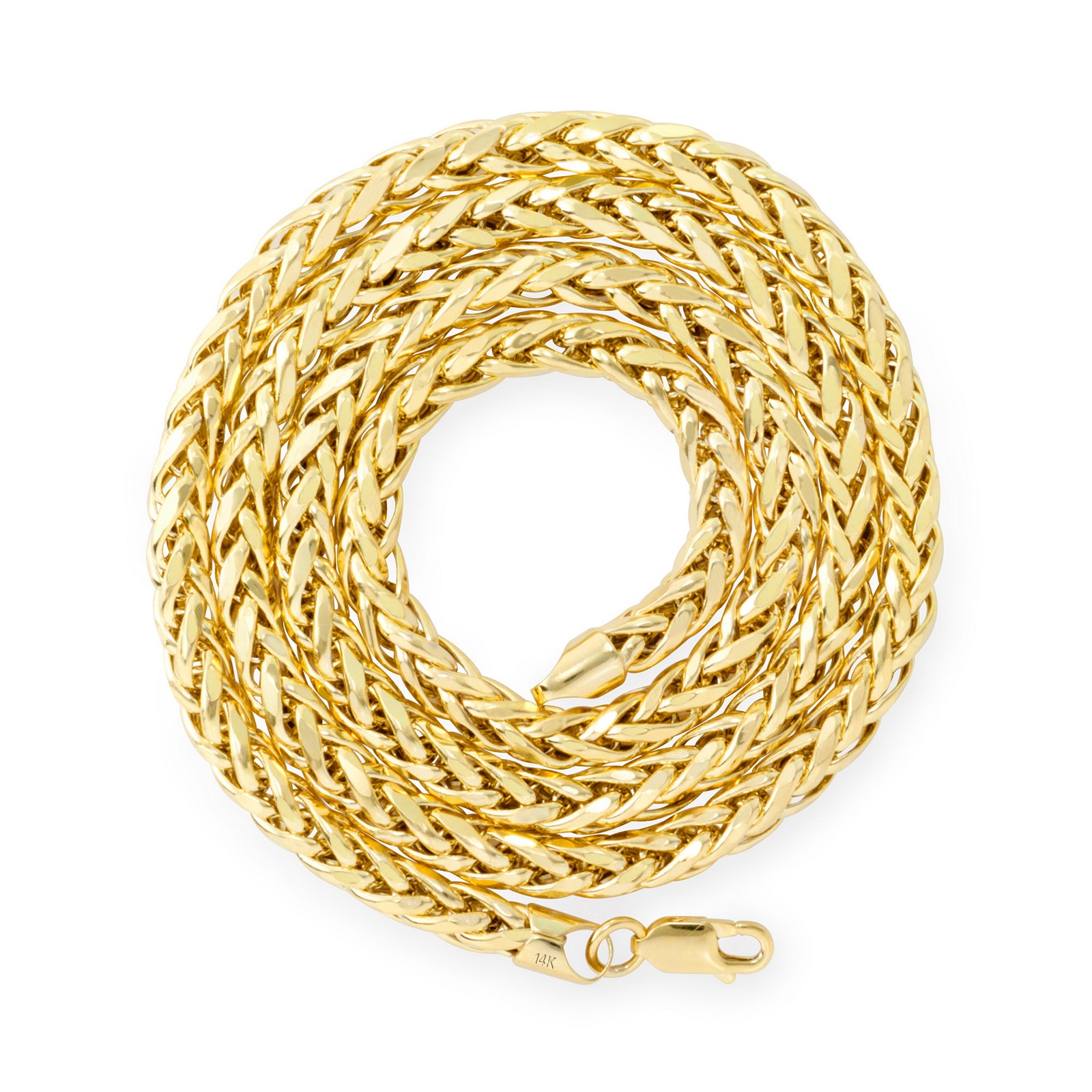 14K Yellow Gold 2.5mm-5mm Round Wheat Palm Franco Spiga Chain Necklace 16″- 30″
