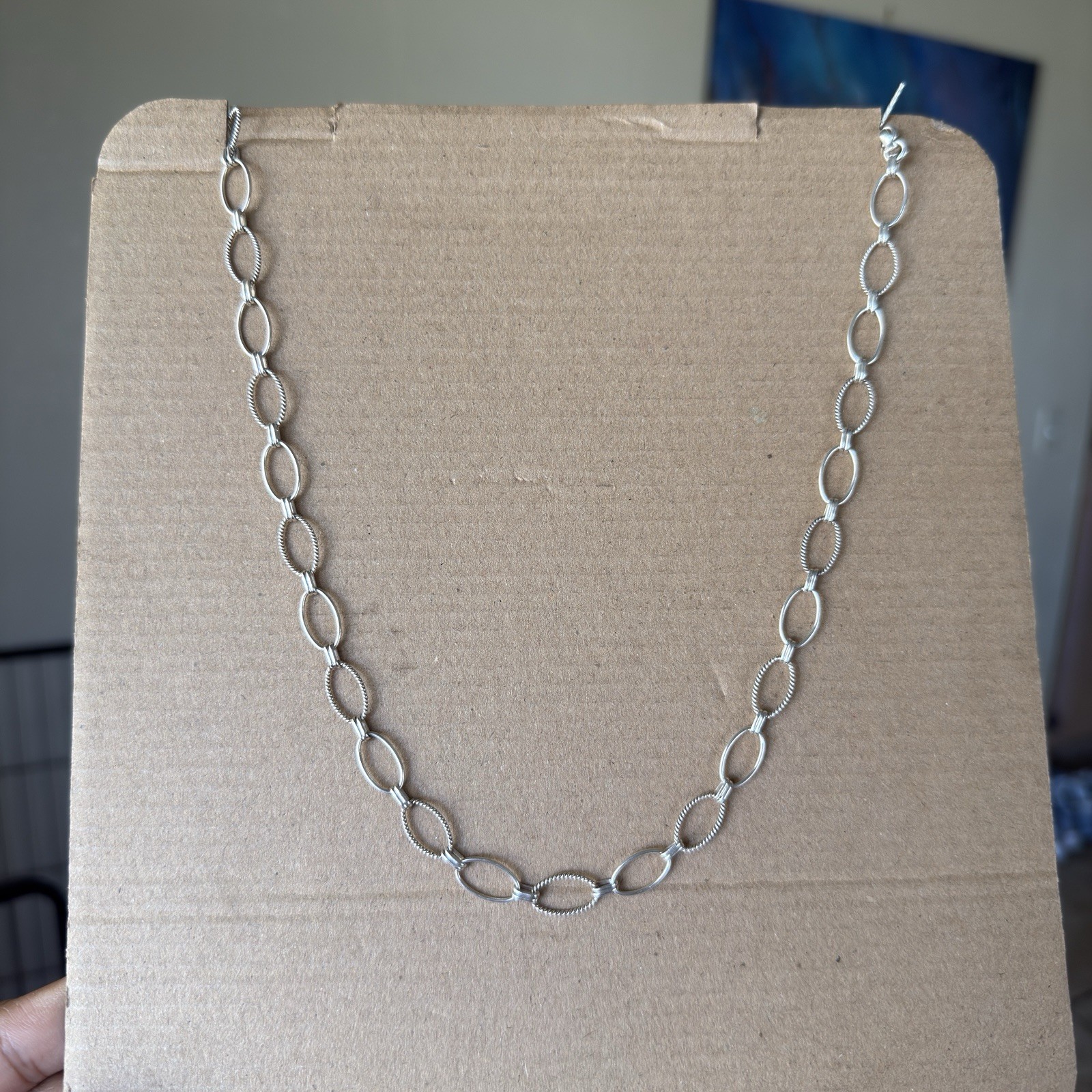 Vintage Sterling Silver 925 Oval Link Chain Necklace Textured Toggle Clasp