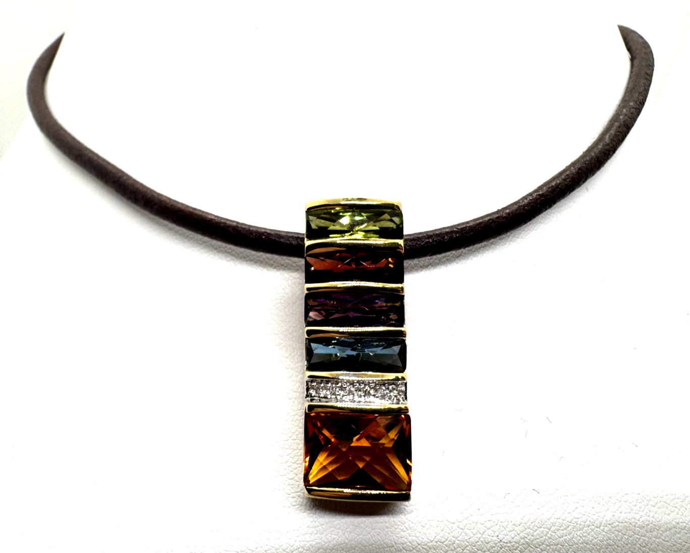 18k Multi Rainbow Color Stone Diamond accent Enhancer Pendant Brown Cord Necklac
