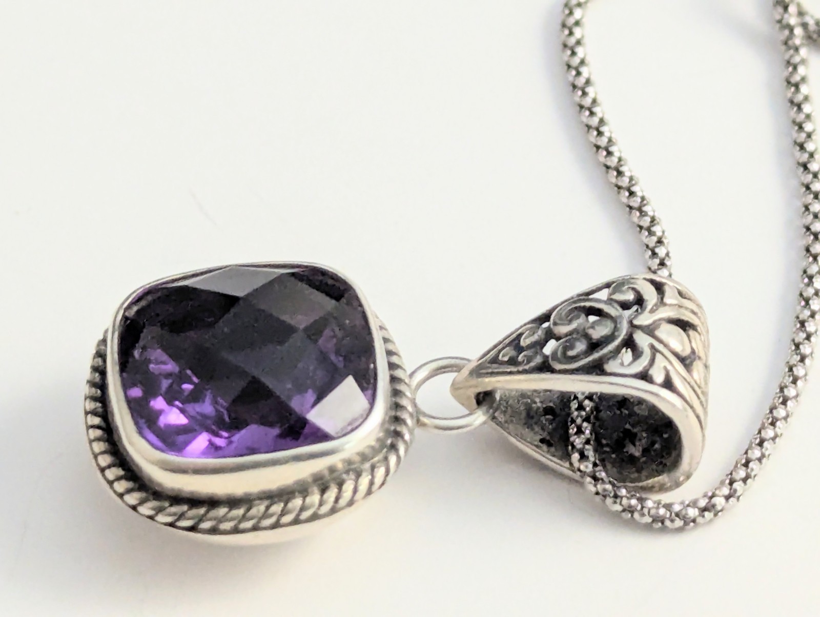 Sterling Silver Cushion Cut Purple Amethyst Filigree Popcorn Link Necklace