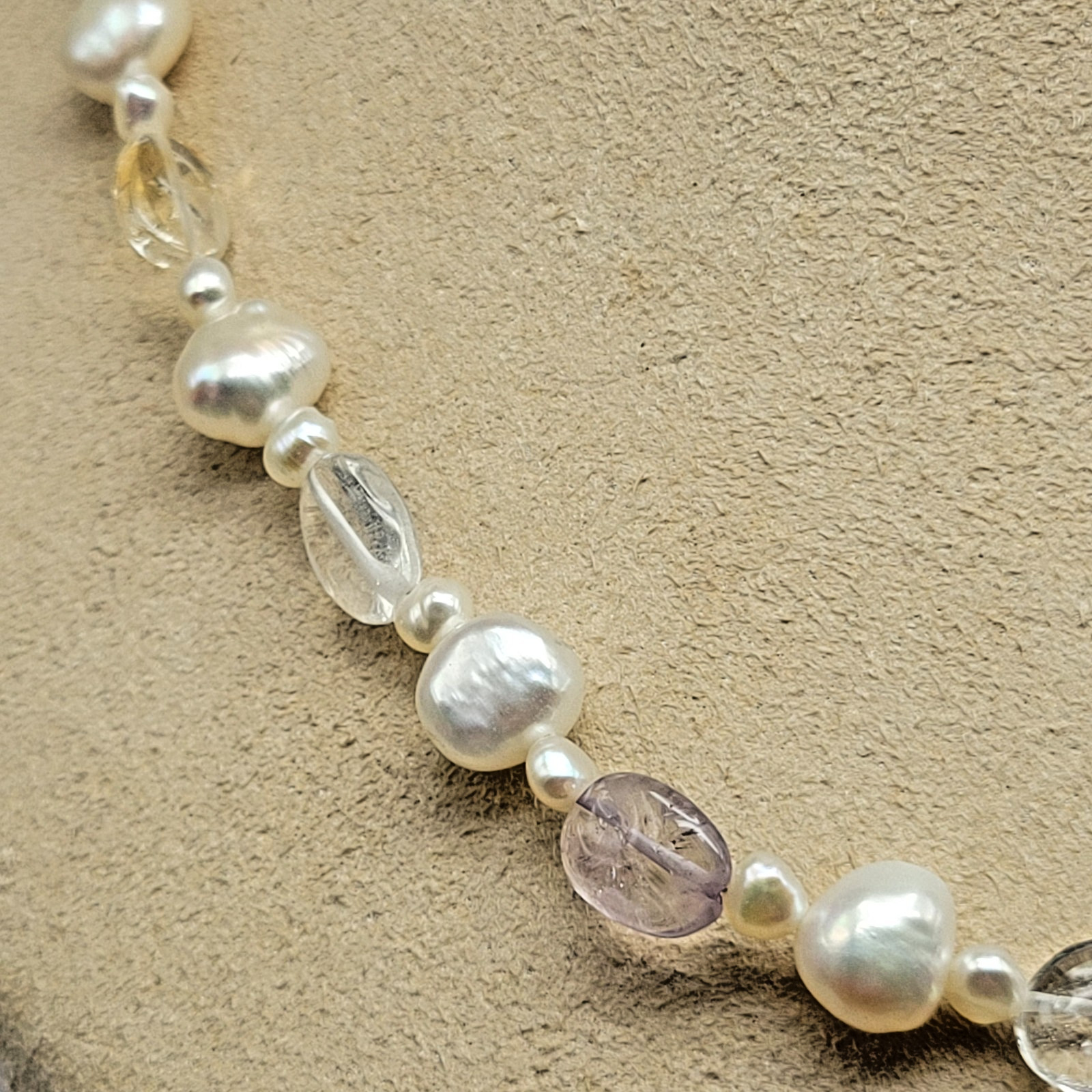 Sterling Silver Keshi Baroque Freshwater Pearl Amethyst Citrine Necklace ~ 16″