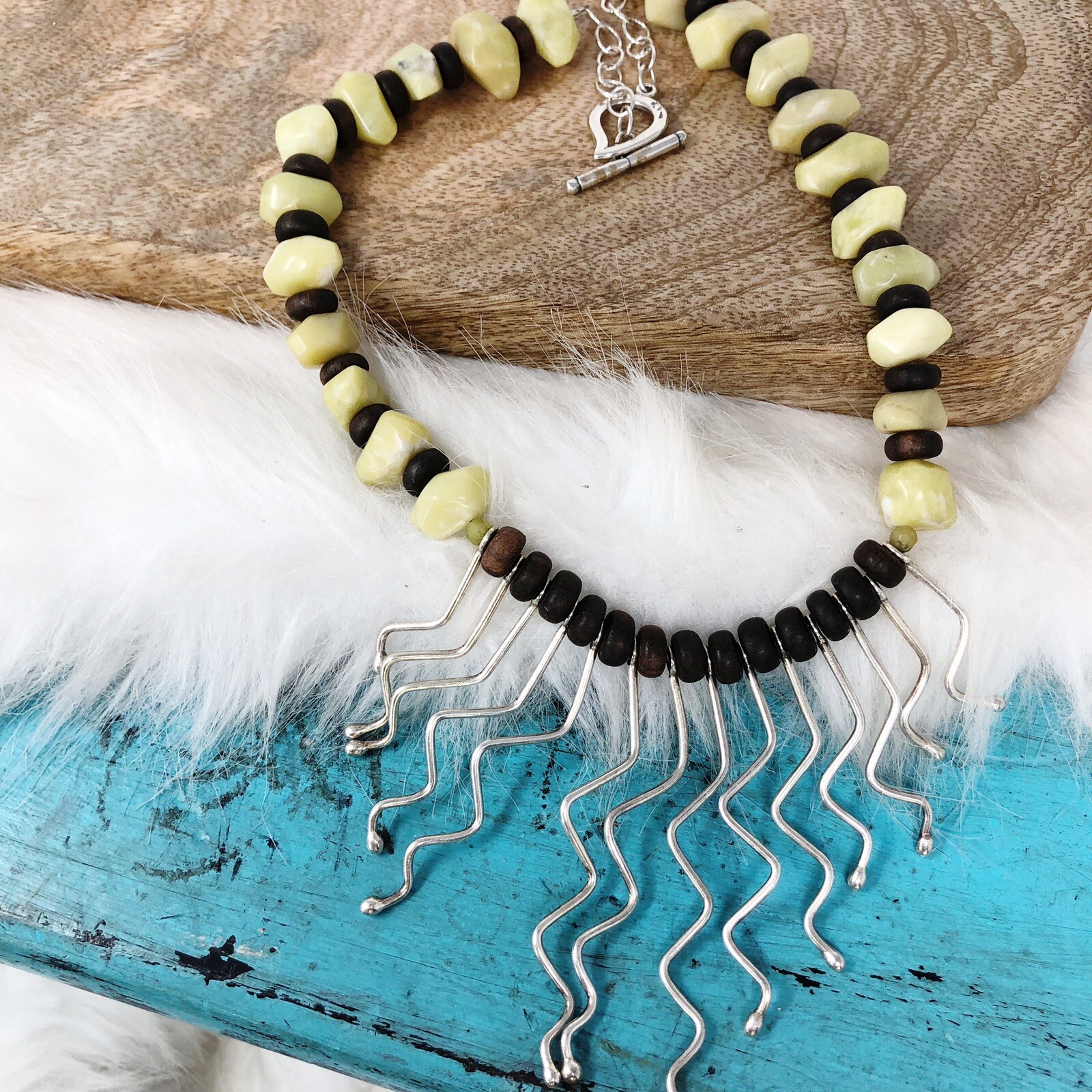 Vintage Tribal Jade Wood Wavy Sterling Silver Asymmetrical Dangles Necklace 18″