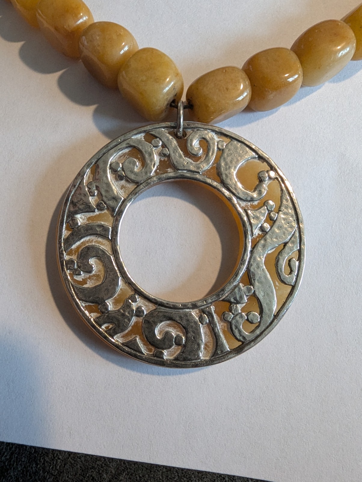 Silpada N1837 Serpentine Yellow Jade Bead Disc Necklace Sterling Silver Filigree