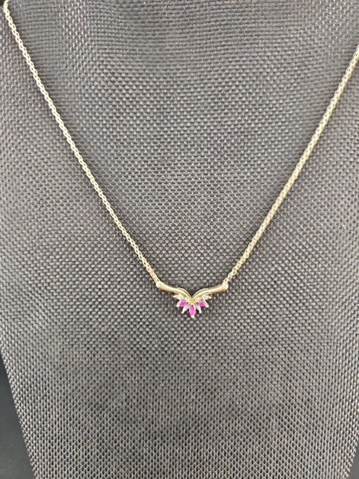 14K Solid Yellow Gold Bar Set Natural Ruby & Diamond Pendant Necklace