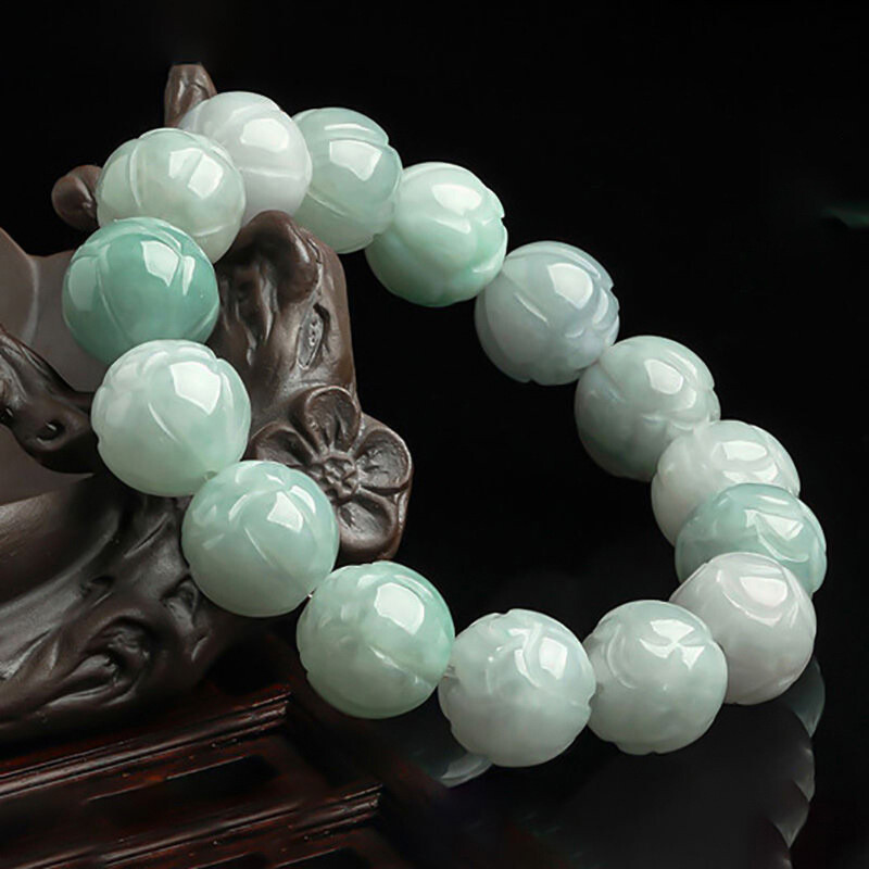 Natural Grade A Jadeite 13mm Lotus Flower Jade Bead Bracelet 7.16inch