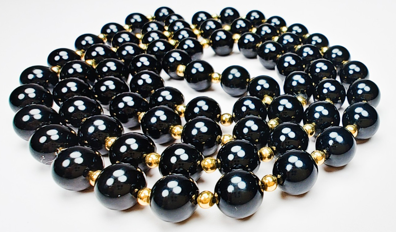 14K Yellow Gold Black Onyx Beaded Ball Necklace 29″ Long Estate 52.23g Vintage