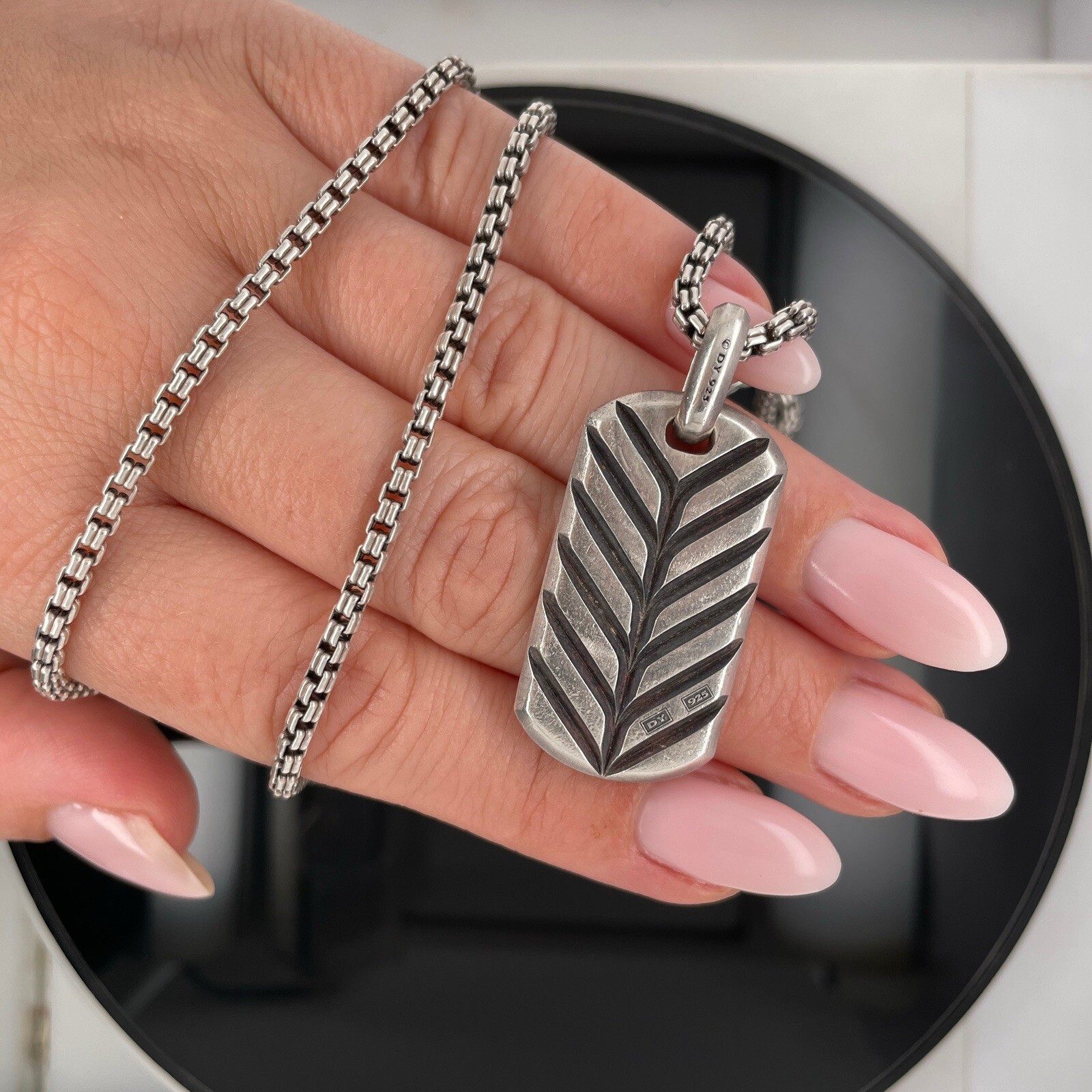 David Yurman Silver Diamonds & Garnets Chevron Tag Pendant Necklace $5000 Retail