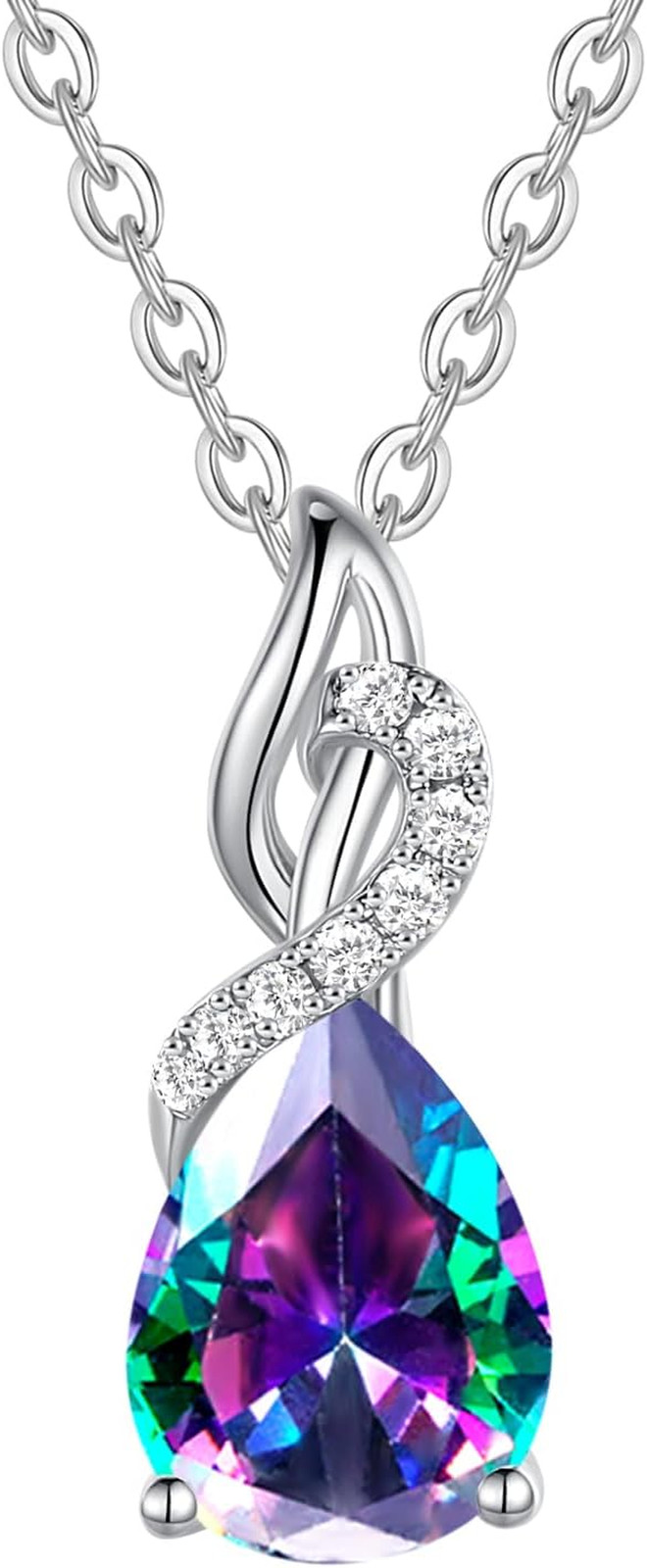 14K Solid White Gold Teardrop Pendant with Diamond Birthstone Necklace