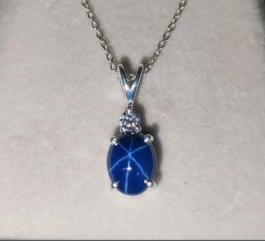 Solid 925 Silver Blue Lindy Star Sapphire Pendant Necklace Gift Women’s Jewelry