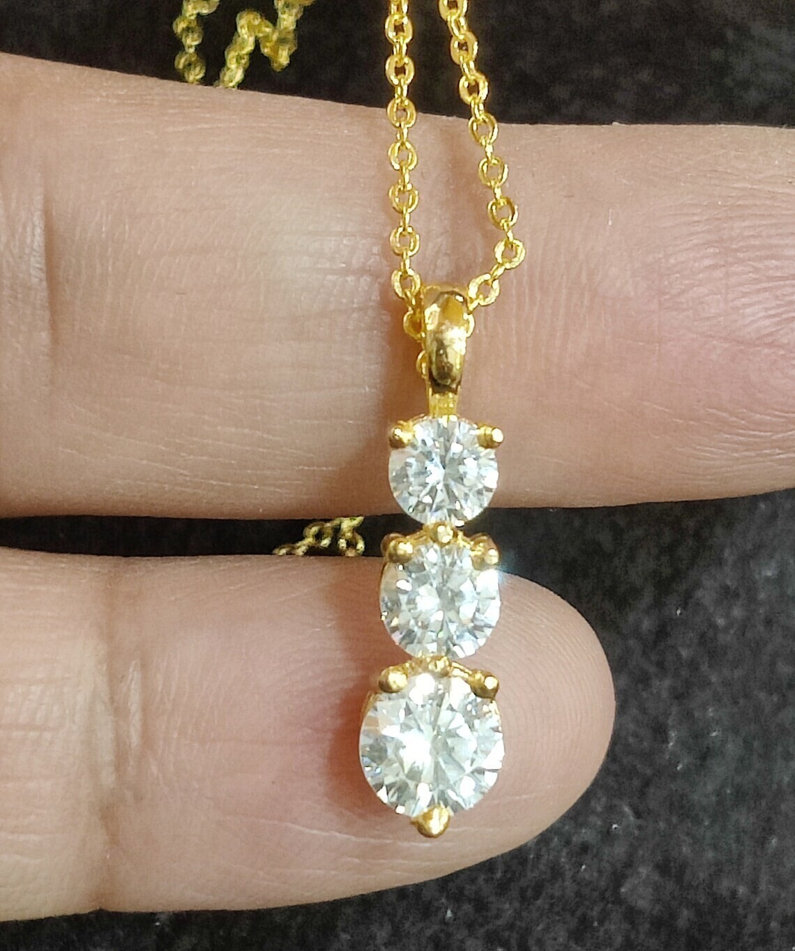 Round Cut Lab Grown/CVD Diamond Three Stone Pendant Necklace 14K Yellow Gold