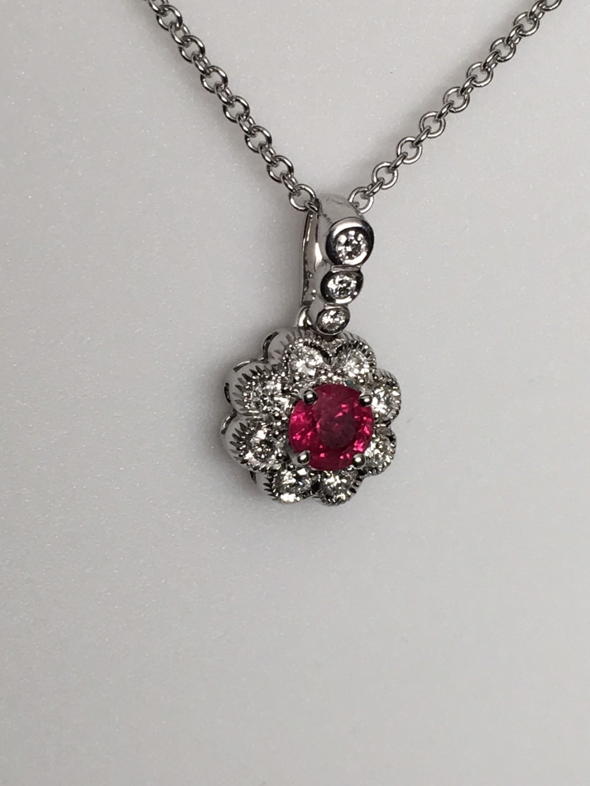 18K White Gold Cherry Red Ruby and 0.20ct Diamond Pendant with Chain Brand New