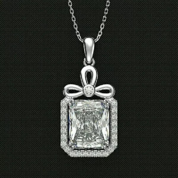 4Ct Emerald Cut VVS1/D Diamond Halo Pendant 18″ Free Chain 14K White Gold Finish