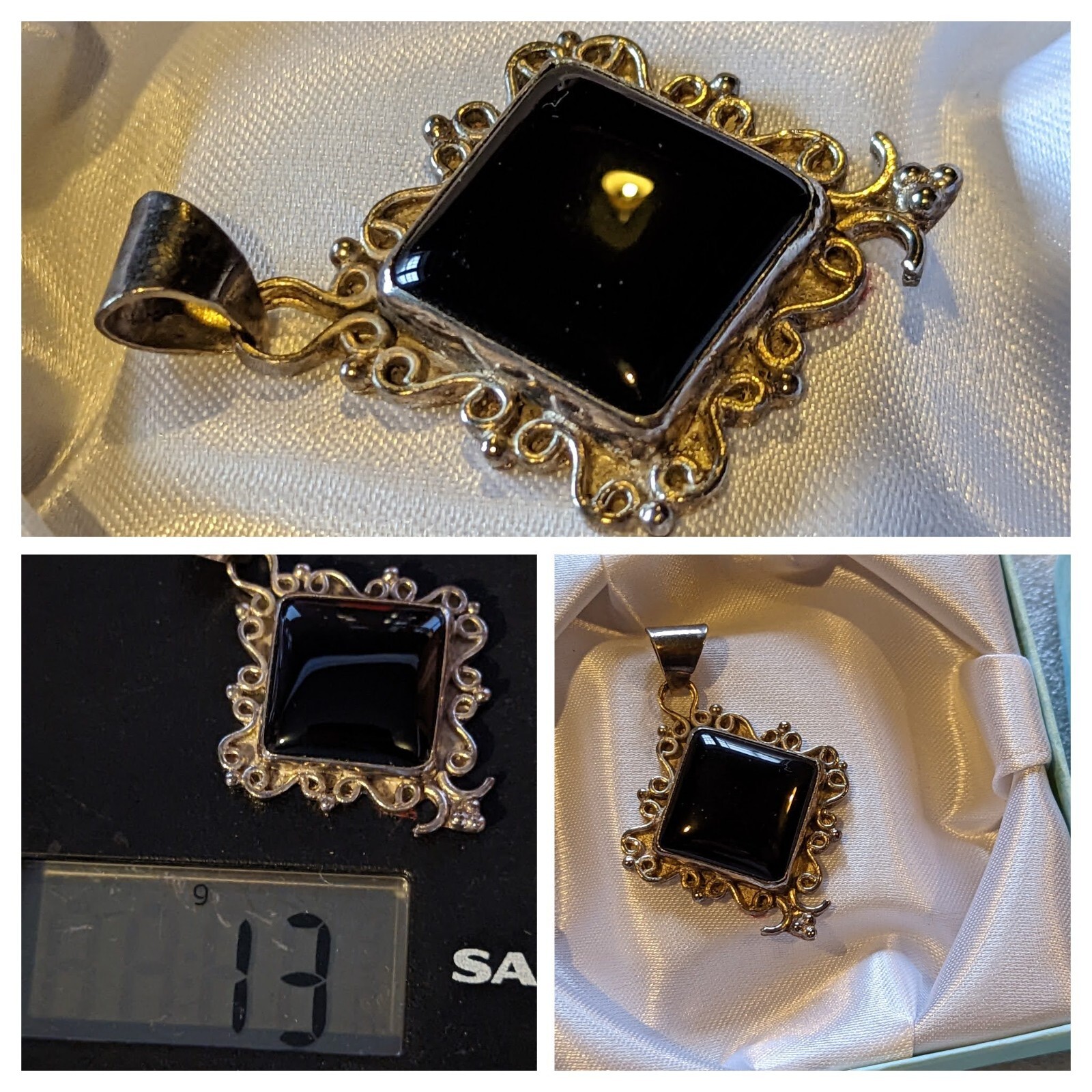 Vintage Black Onyx Gemstone Pendant on German Silver 13g 50x34mm