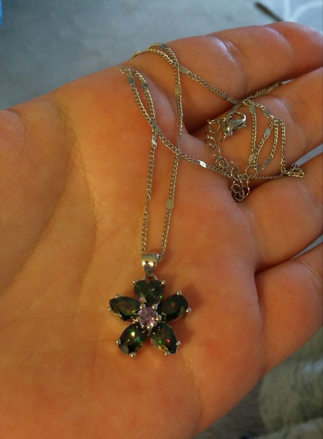 Sterling Silver 925 Mystic Topaz/Amethyst Heart Cut Flower Pendant Necklace Set!