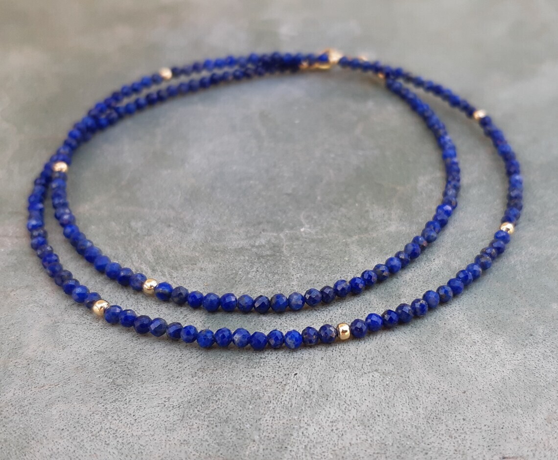 A++ Natural Blue Lapis Lazuli Faceted Round Gemstone Beads 18″ Handmade Necklace