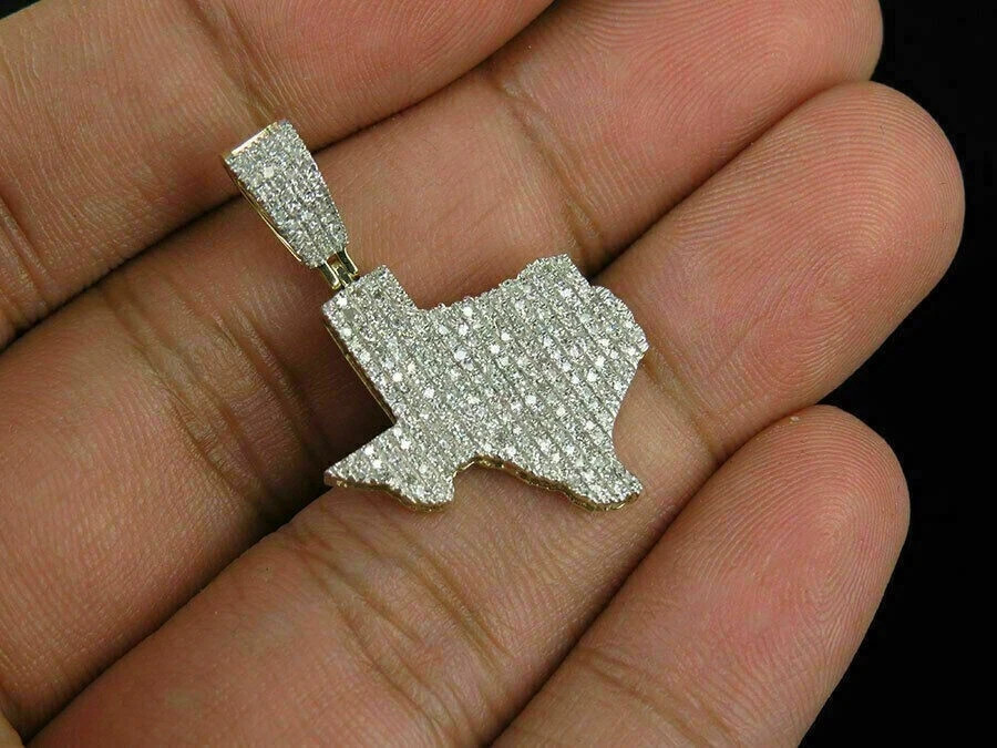 1.50Ct Round Diamond Texas Map Unisex Pendant 14K Yellow Gold Finish Free Chain