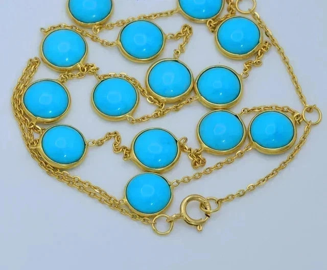 7Ct Round Cut Lab Created Turquoise Women Chain Necklace 14K Yellow Gold Plated