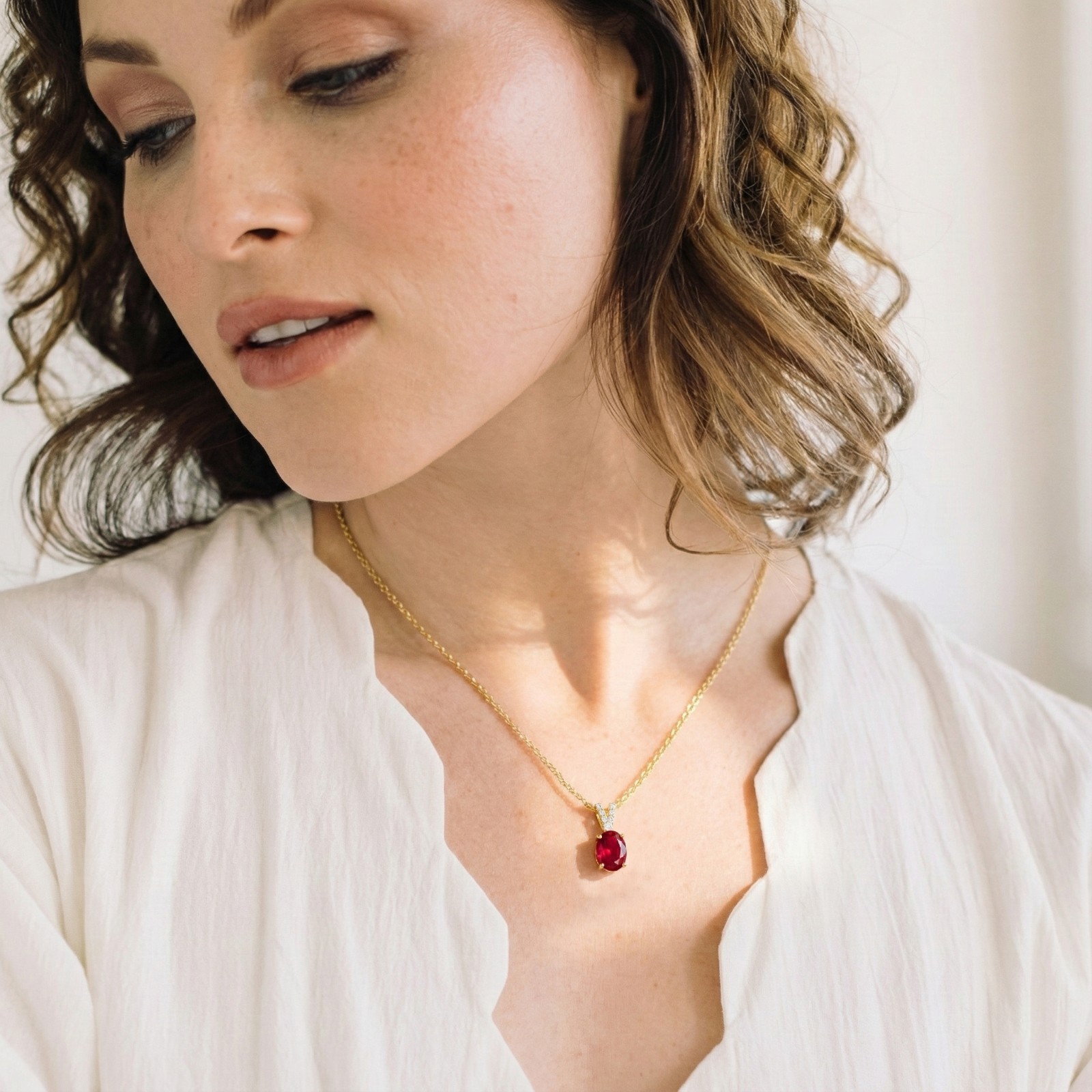 Oval Red Ruby Pendant Necklace, July Birthstone Fine Jewelry For Women