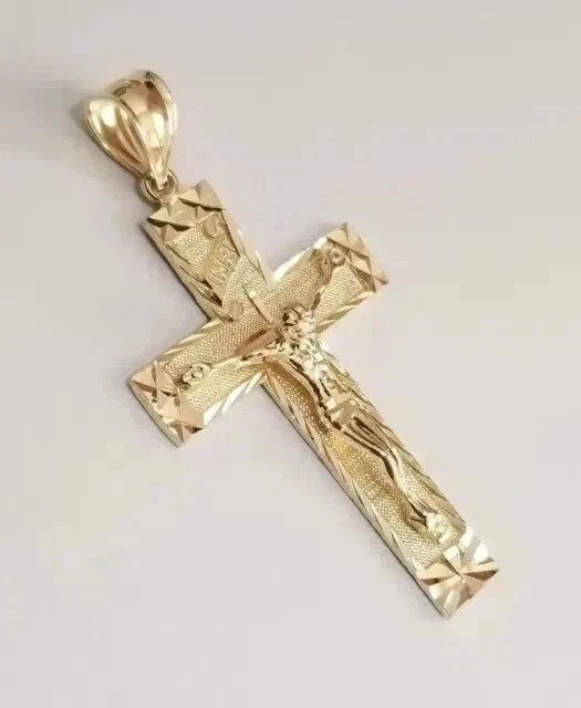 Religion Diamond Cut Jesus INRI Cross Crucifix Pendant 14K Yellow Gold Plated