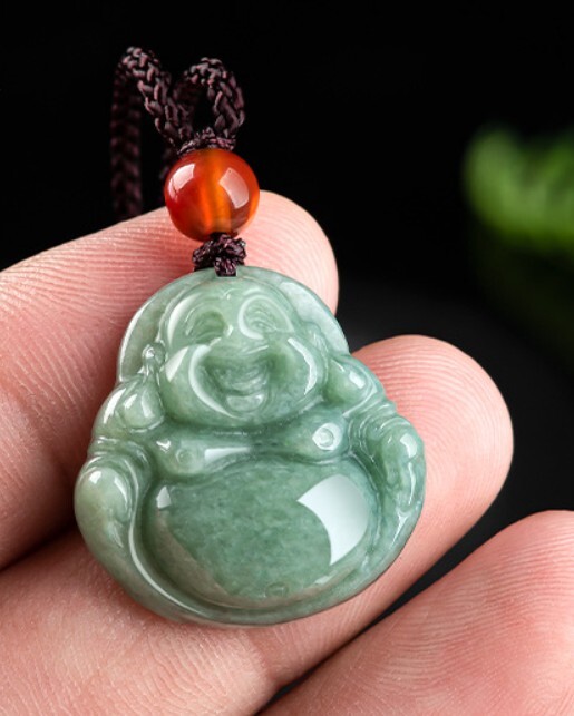 Carved Authentic Burma Green Jade Smile Buddha Pendant Necklace String