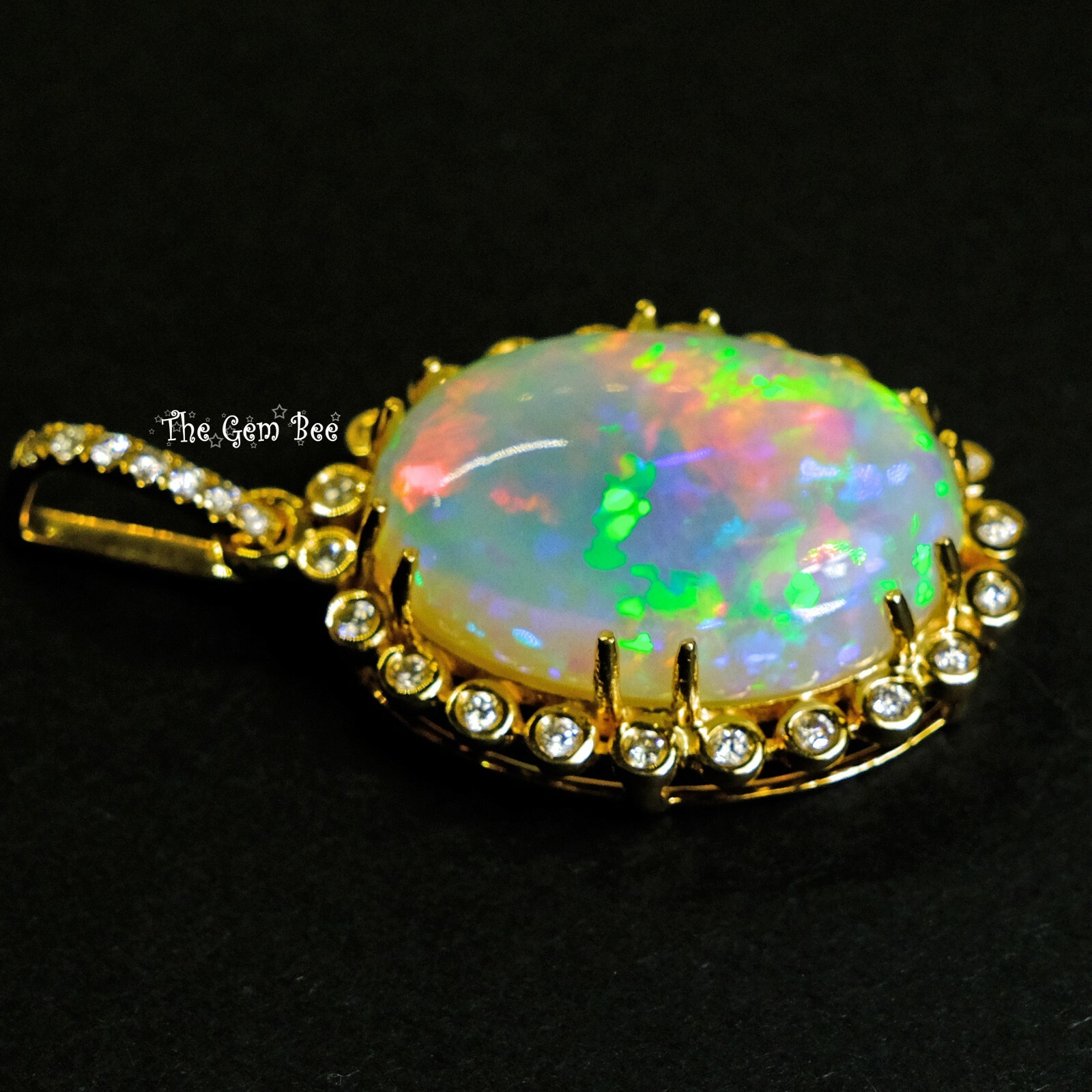 18k Solid Yellow Gold 26.81CT Oval Opal 0.75CT Diamond Necklace Pendant