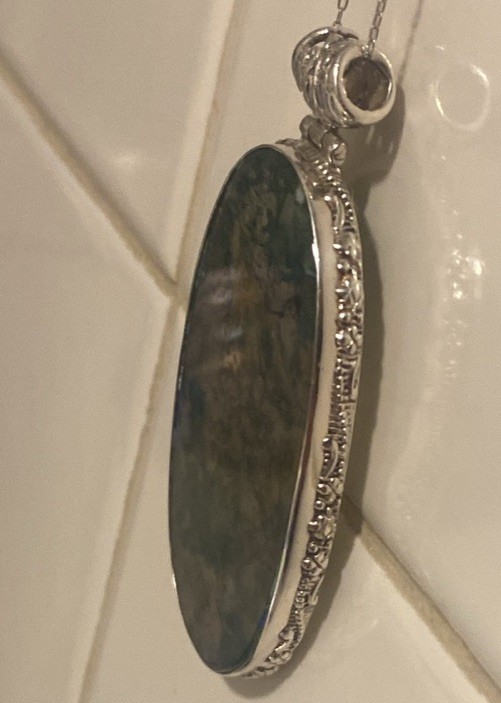 925 Sterling silver oval shaped moss agate pendant