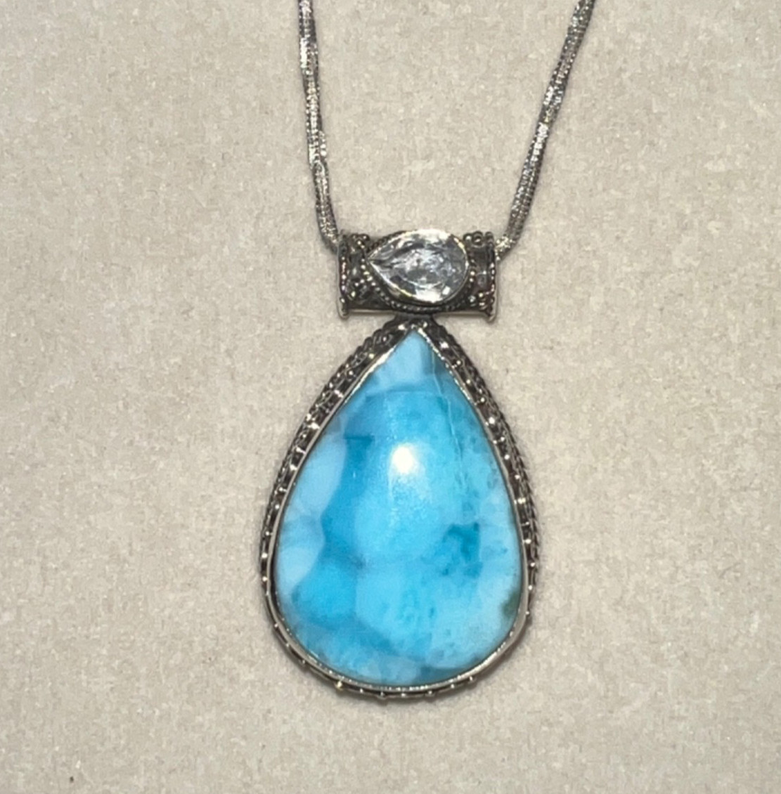Larimar Pendant Sterling Silver 925 – Quartz Bezel – Ornate Caribbean Blue Stone