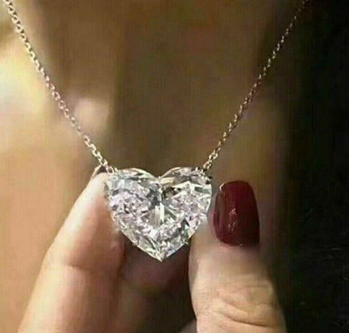 6 Ct Heart Cut Lab Grown Diamond Five Prong Necklaces & Pendants 14K White Gold