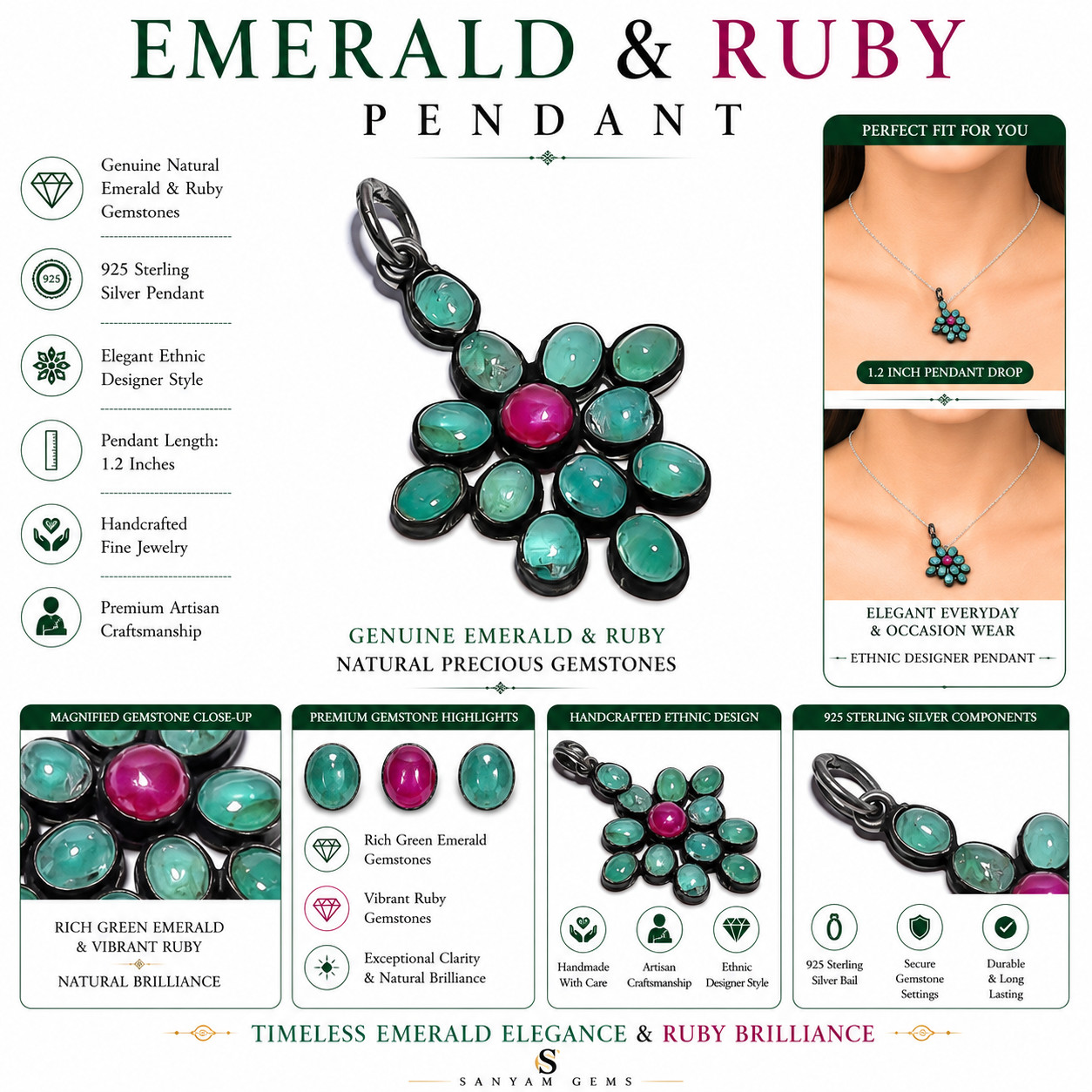 AAA Emerald Ruby Gemstone Ethnic Style 925 Sterling Silver Pendant 1.2″ P-358