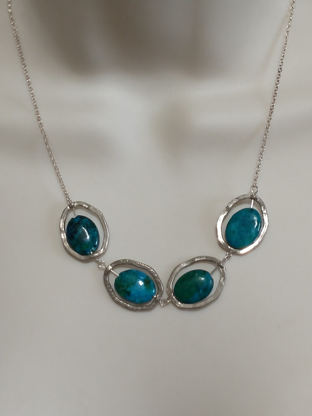 Sterling Silver 925 Four Polished Eilat Stones Necklace Made in Israel (Stamped)