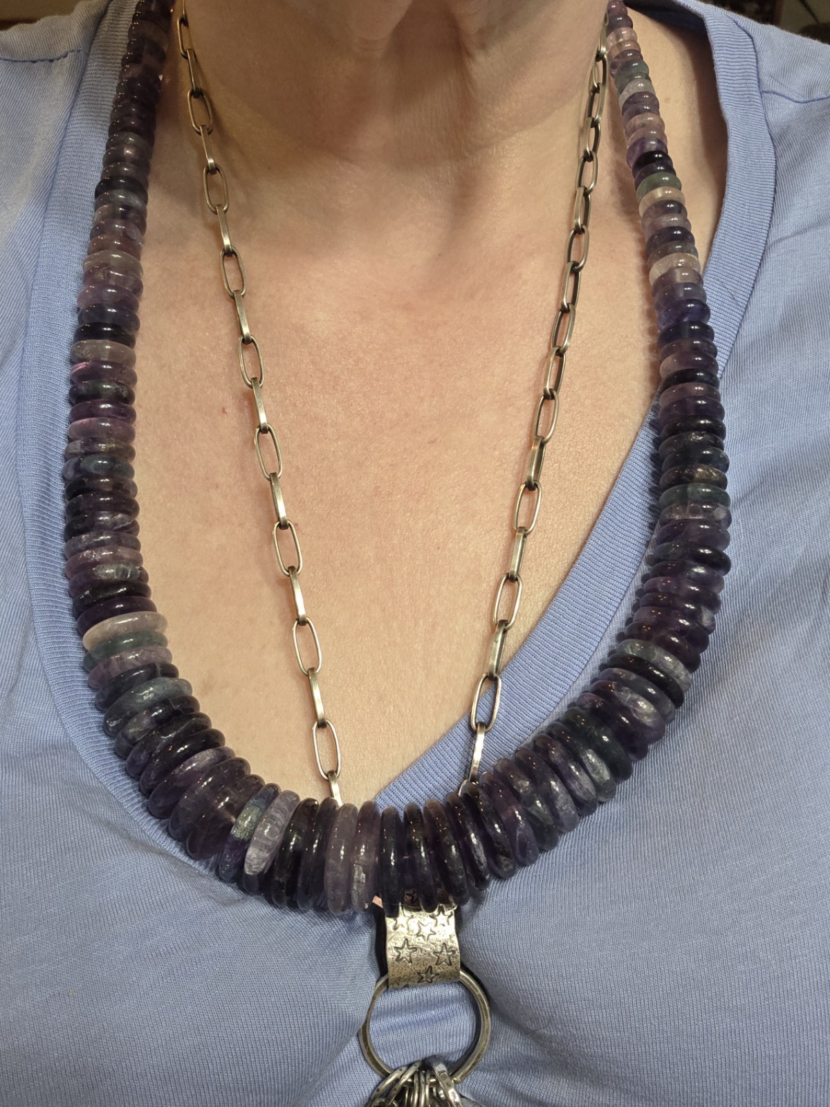 FAS 925 Sterling Silver Chunky Graduated Purple Fluorite Disc Rondelle Necklace