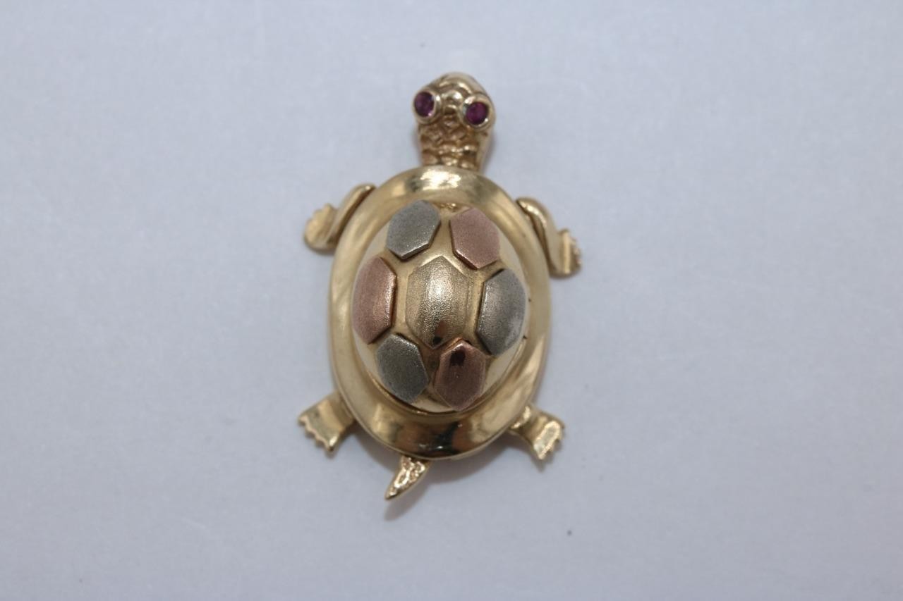 14K Tri Color Gold Turtle Pendant Charm with Red Stones Religious Virgin Mary