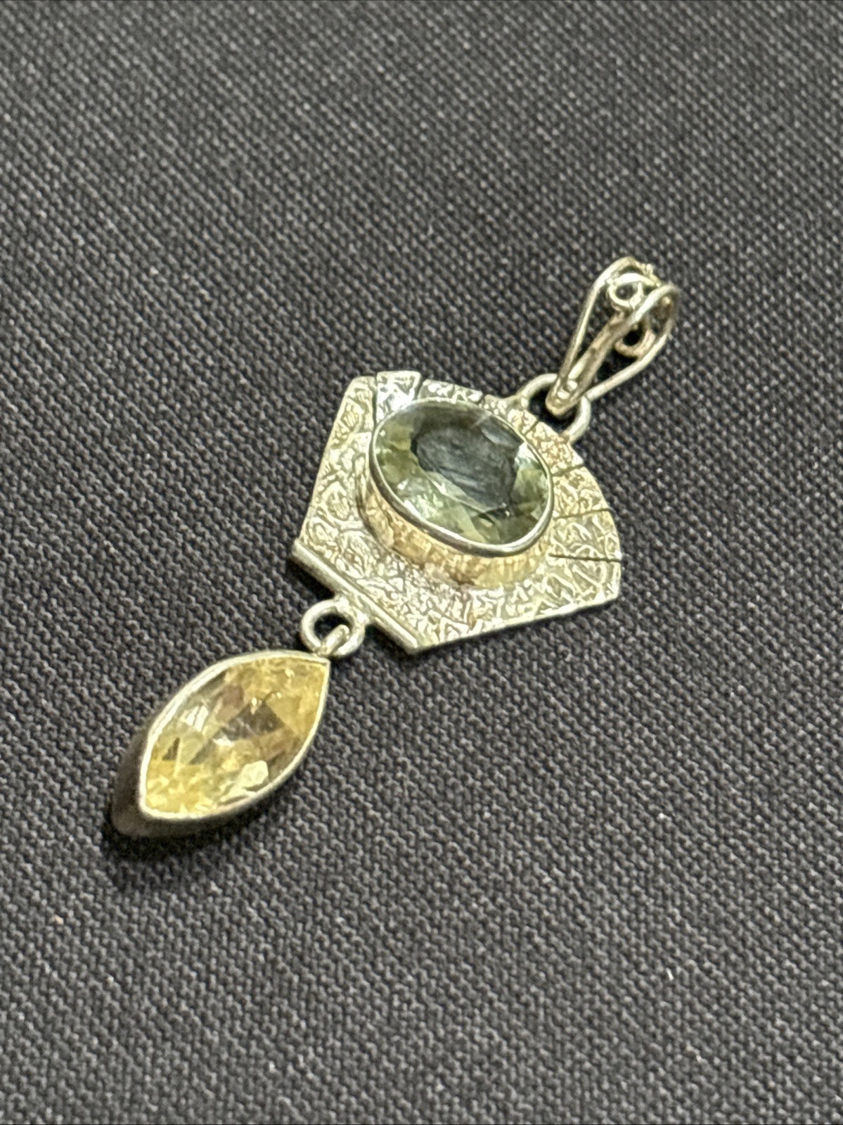 Vintage Green & Lemon Quartz 925 Sterling Silver Pendant 2” Long 4.4 Grams