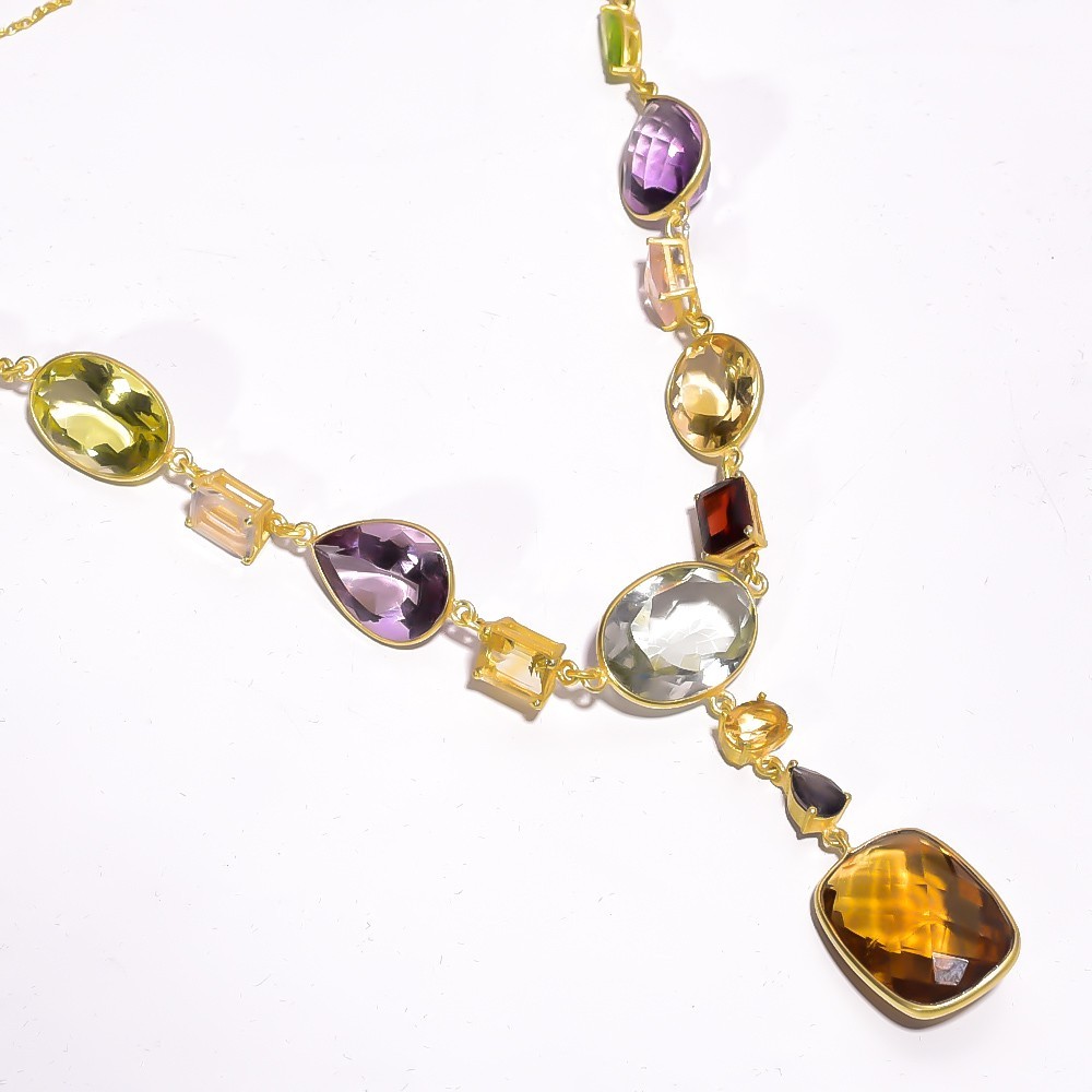 Natural Multi Gemstone AAA Statement Necklace Gold Plated 925 Sterling Silver
