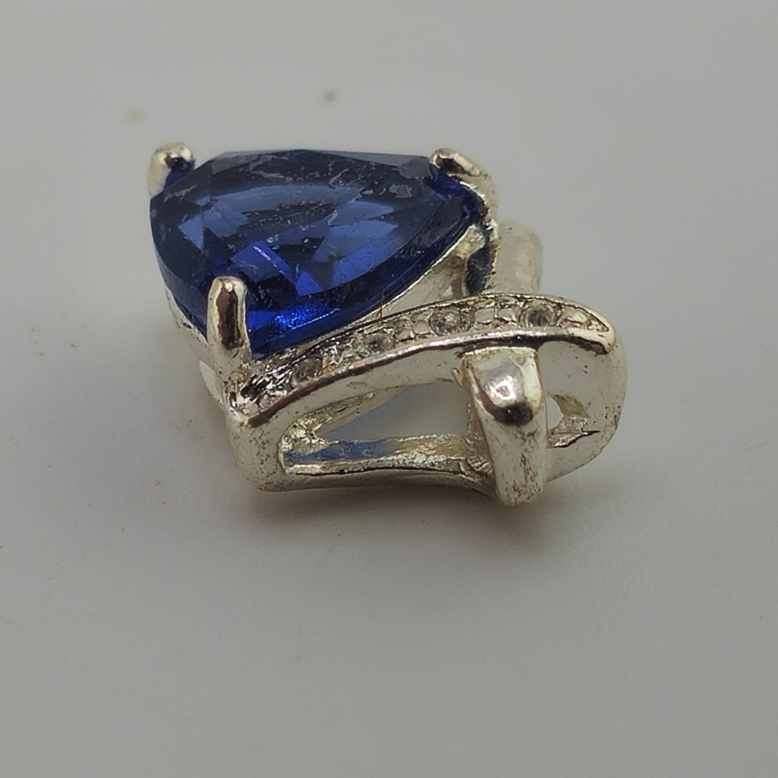 925 Sterling Silver Blue Trillion Pendant with Clear Accent Stones Modern