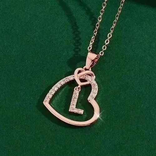 1.4Ct Round Lab Created Diamond Alphabet With Heart Pendant 14K Rose Gold Plated