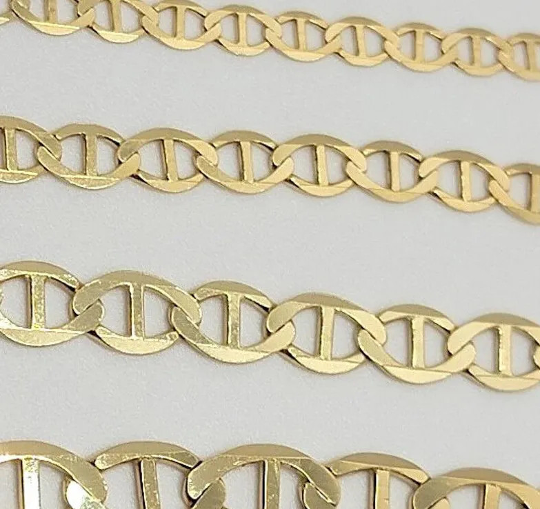 10K Solid Yellow Gold Mariner Link Chain Bracelet Necklace 3.2mm~6mm Size 7″~26″