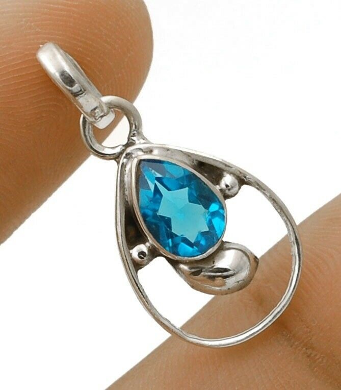 3CT Natural Flawless Blue Topaz 925 Sterling Silver Pendant 1 1/5″ Long @B7-9