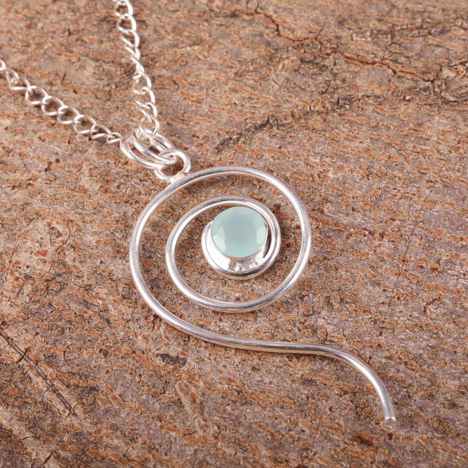 Natural Aqua Chalcedony Wedding Anniversary Artisan New Year Pendant 925 Silver