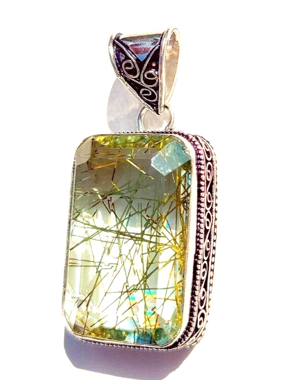 925 Sterling Silver Pendant Handmade Jewelry Golden Rutilated Quartz Gemstone