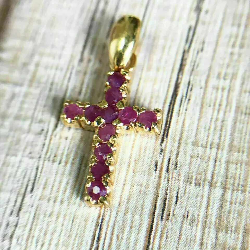 1.00Ct Round Cut Red Ruby Cross Pendant 14K Yellow Gold Finish Free Chain
