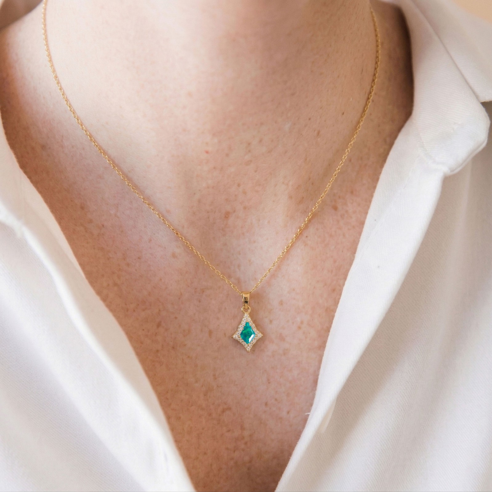 Green Opal Halo Pendant Necklace for Women, Gold Necklace,