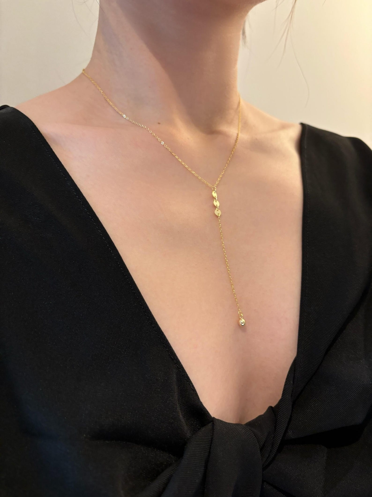 14K Gold Plated S925 Sterling Silver Chain Y Lariat Necklace Sequin Bead Pendant