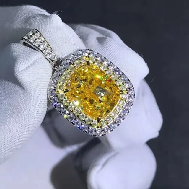 3Ct Cushion Lab Created Citrine Women’s Pendant 14K White Gold Plated Silver 18″