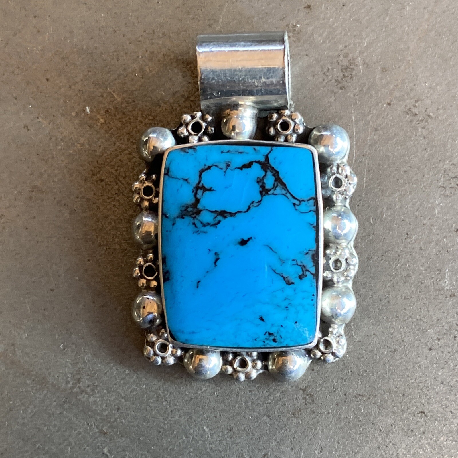 Vintage Mexico TS-124 Sterling Silver Turquoise Geometric Rectangular Pendant