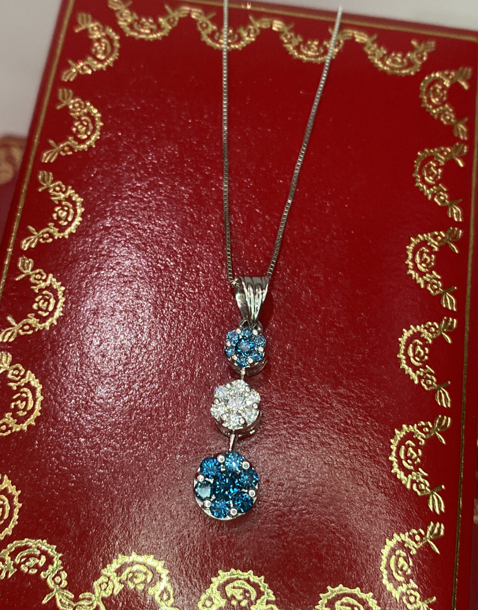 🛑 14k White Gold 3/4 Ct VS SI1 Blue Diamond Flower Pendant 18k Necklace 18” Set