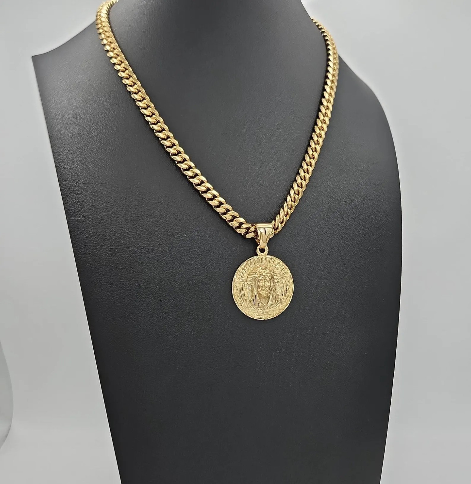 Gold Large Jesus Necklace, 7mm Curb Link, 14k Gold Plated, Waterproof, No Fade