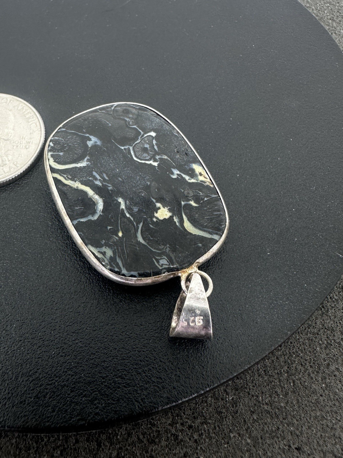 Sterling Silver Unknown Black Stone? Pendant Nice Large Flat Pendant